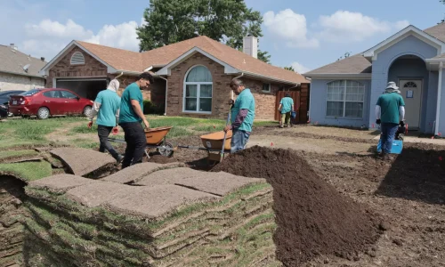 Zoysia Zeon sod installation in Grand Prairie, Texas, with a team laying fresh sod.